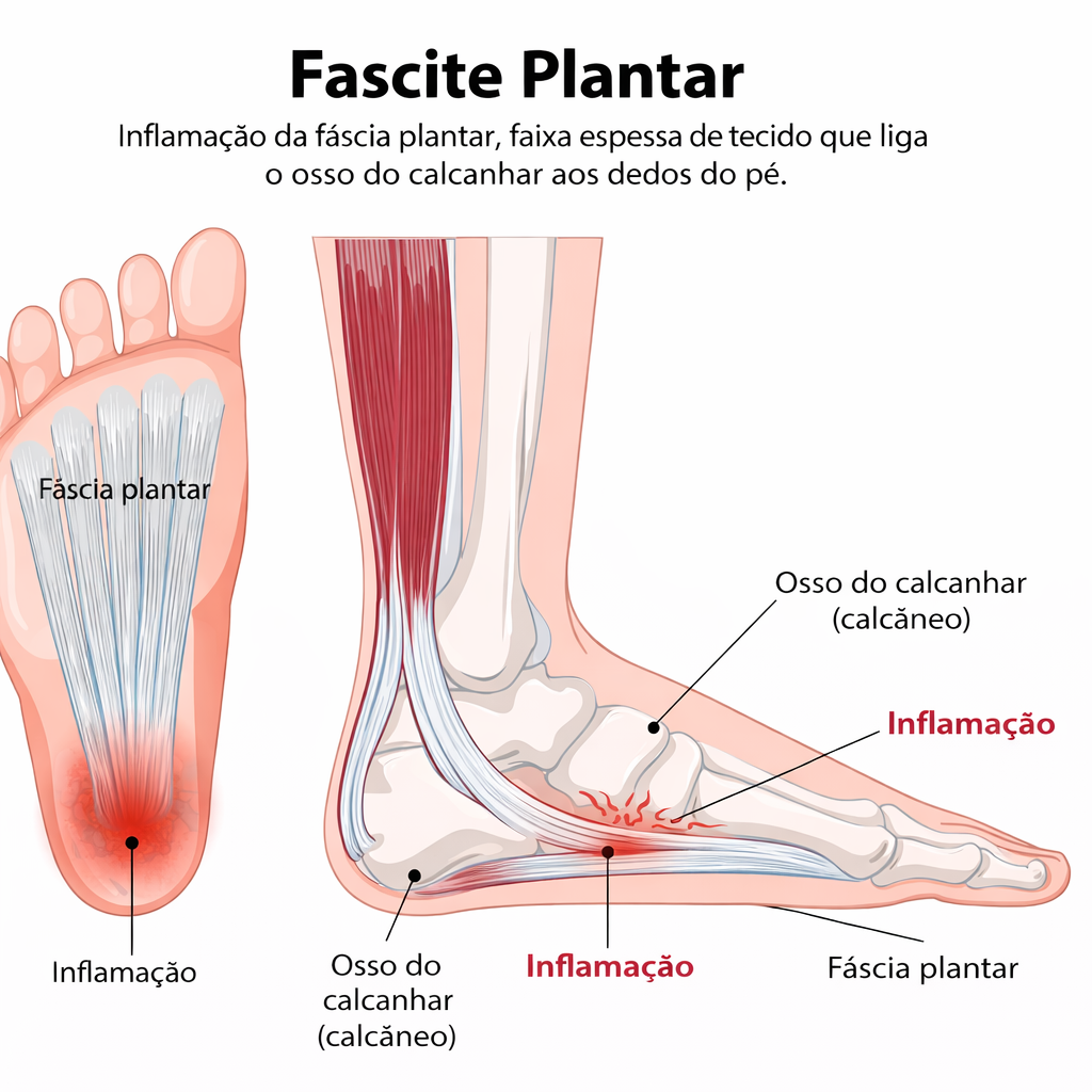 Ilustração da fascite plantar e fáscia plantar